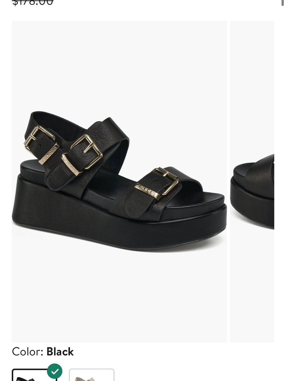 J Slides Black Platform Dual-Buckle Sandal with Gold Hardware